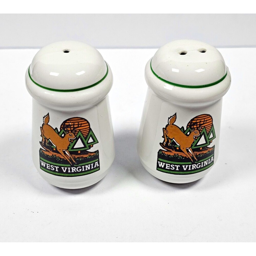 West Virginia Salt Pepper Shakers Ceramic Souvenir Set of 2 White Green Brown